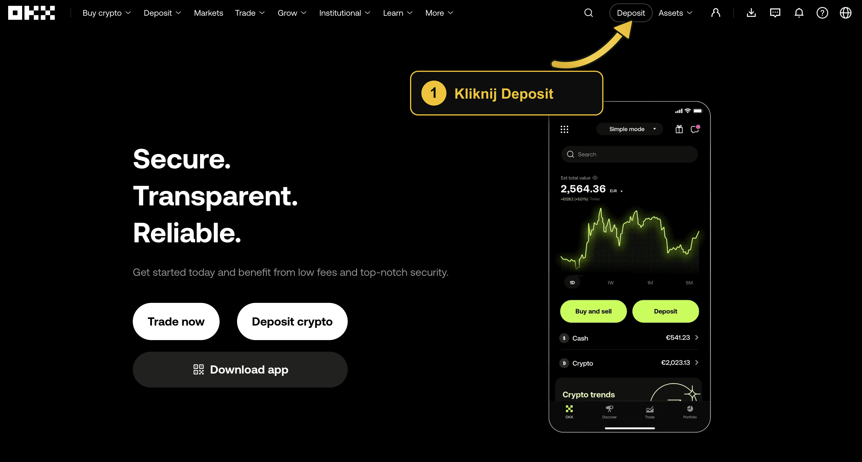 Panel OKX z oznaczonym przyciskiem Deposit