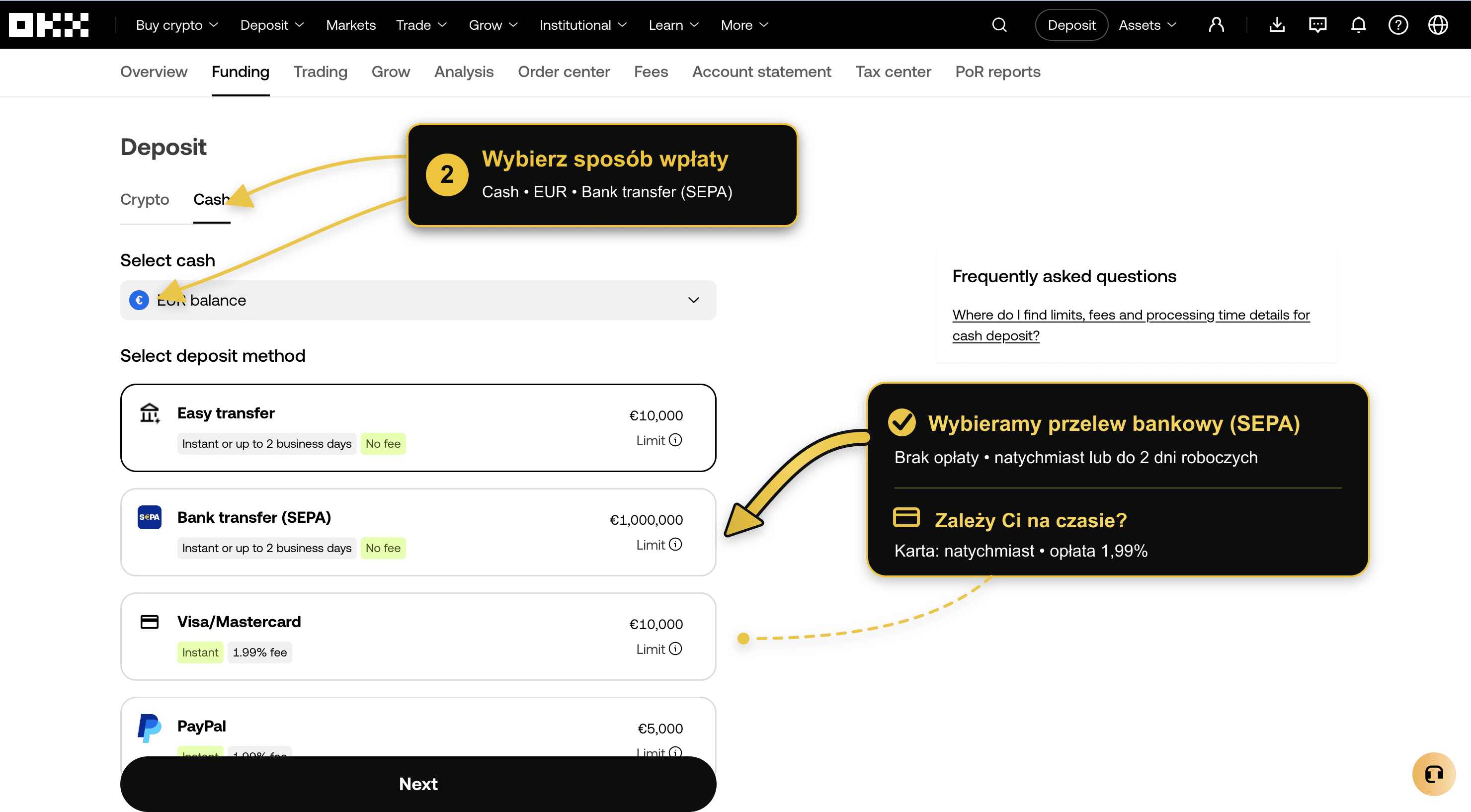 Ekran wpłaty OKX z wyborem Cash, EUR i przelewu bankowego SEPA