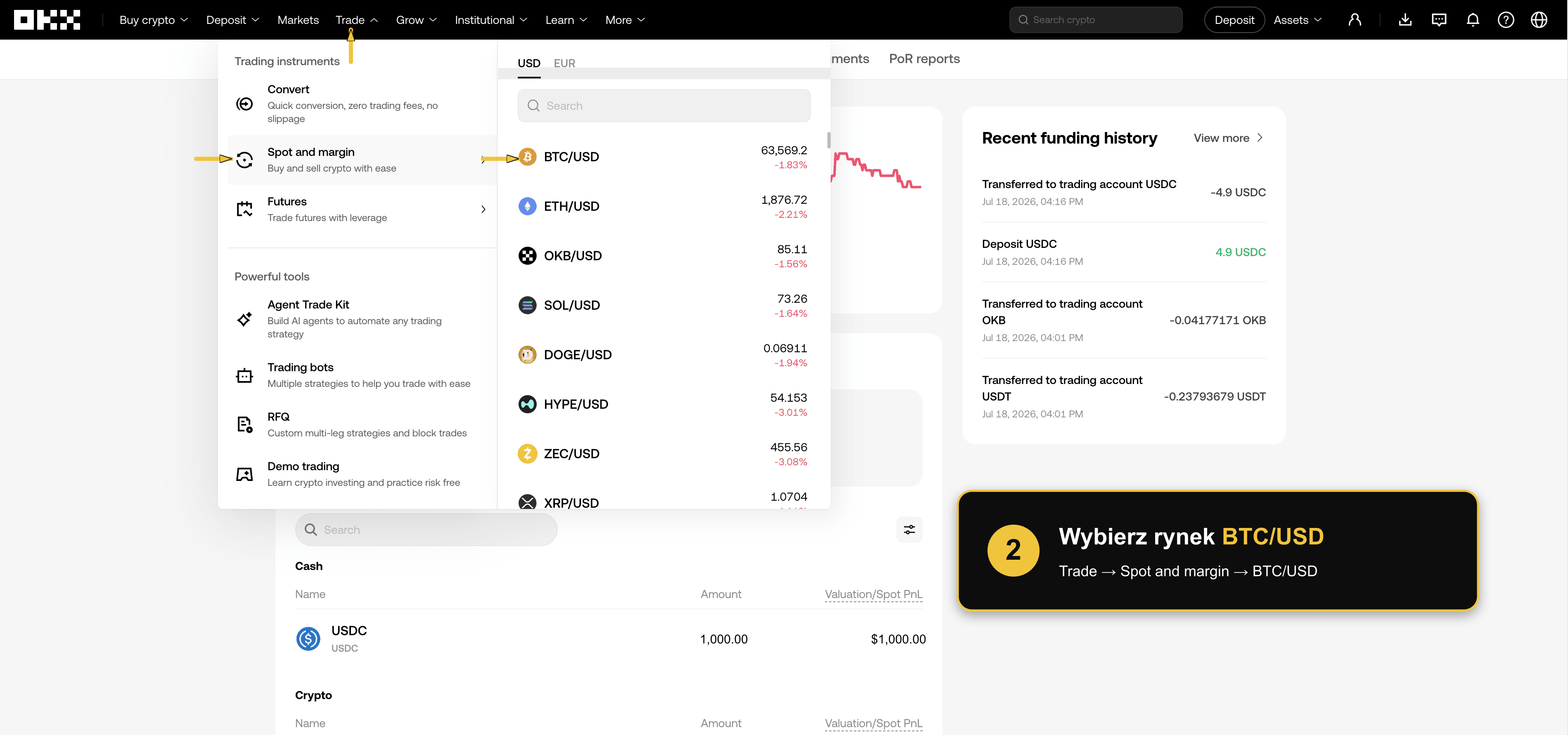 Menu OKX ze wskazaną ścieżką Trade, Spot and margin oraz BTC/USD